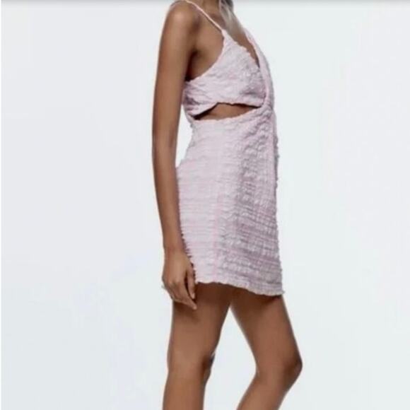 Zara Mini Dress Womens M Pink Plaid Sleeveless Cutout Y2K Seersucker Coquette - Picture 2 of 7